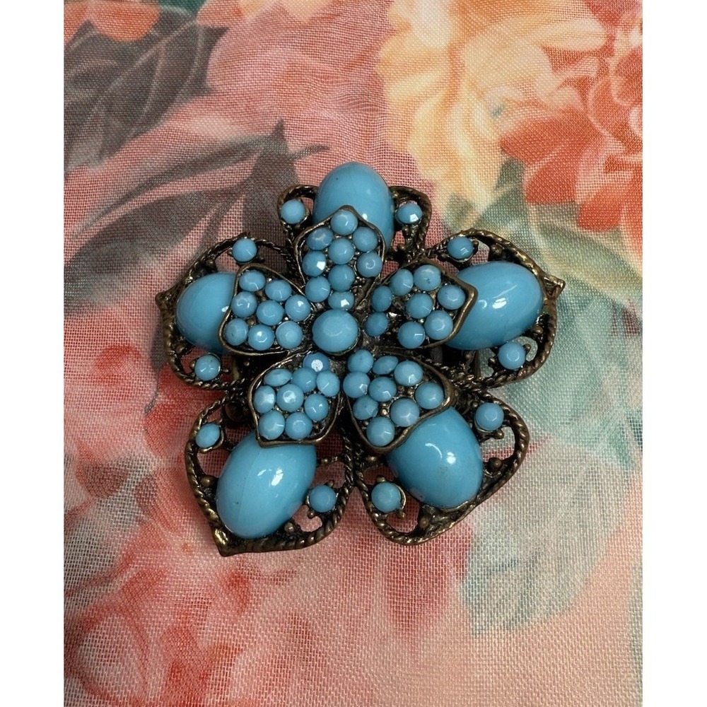 Vintage Turquoise Colored Beaded Flower  Ring Adjustable Antique Gold‎ Tone
